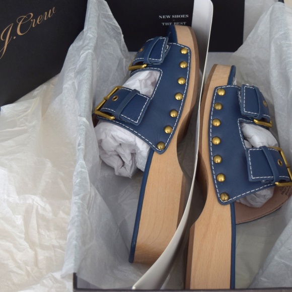 J. Crew Blue Leather Double Buckle Sandals with Wood Sole, in box - Size 9.5 - Picture 3 of 6